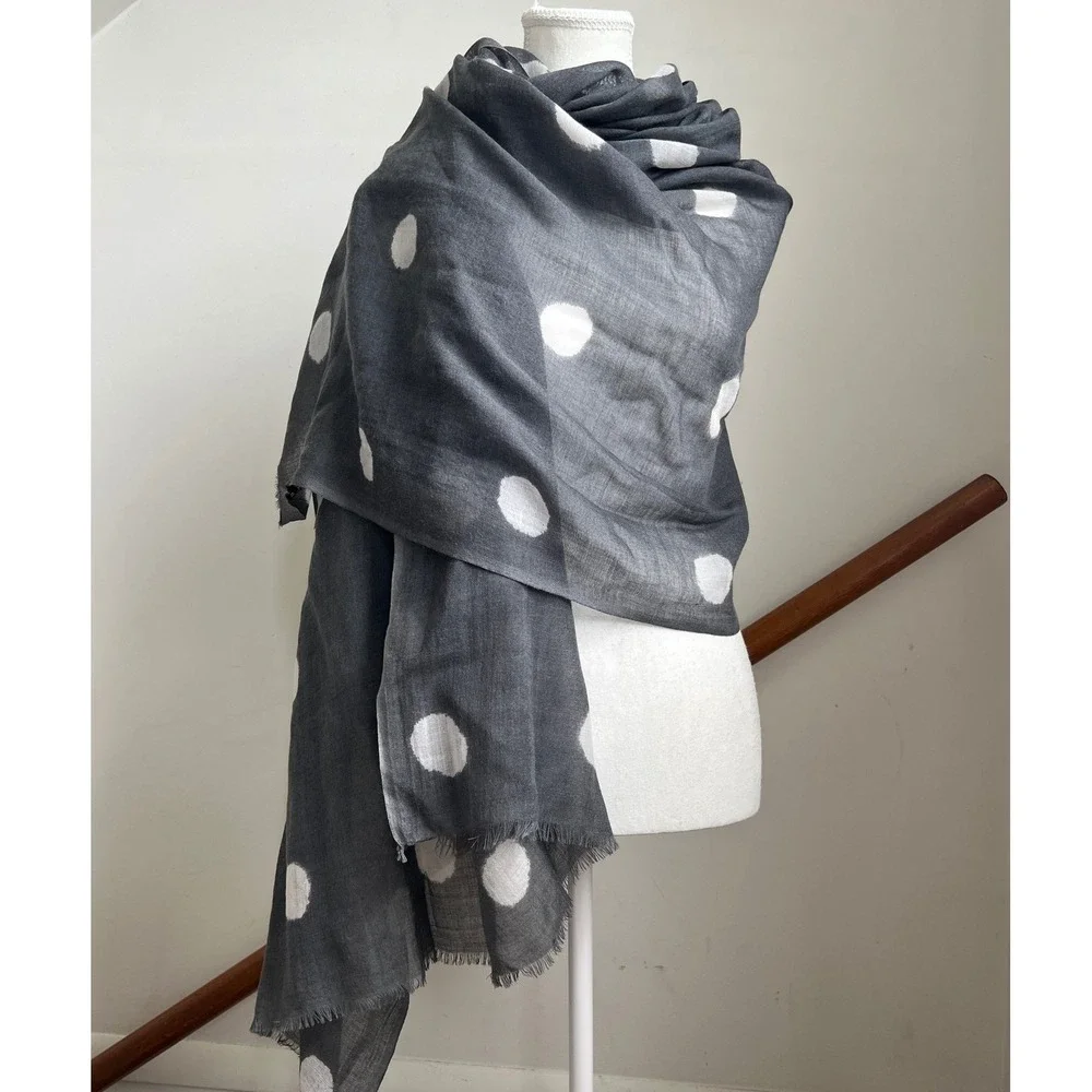 Galeries Lafayette Scarf Gray White Polka Dot Wool Frayed Fringe Wrap Shawl
